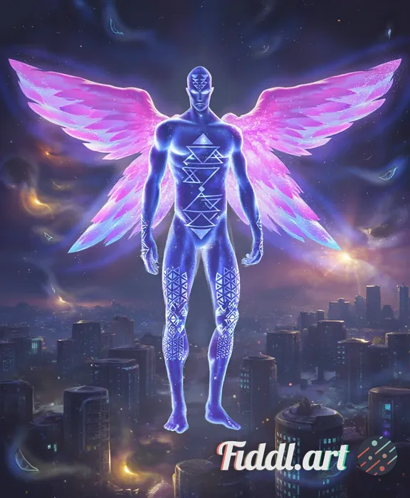 This image portrays a celestial, humanoid figure exuding an ethereal and otherworldly aura, suspende