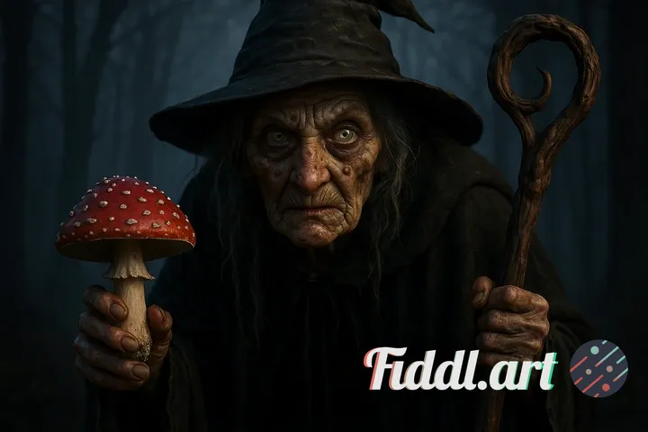 Generate a highly detailed, photorealistic image of an elderly, hunched witch with warts on her wrin