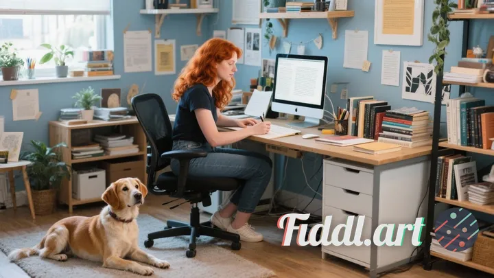 A redhead woman that is a writer. Working on her computer, writing a story. She's in her office, dec