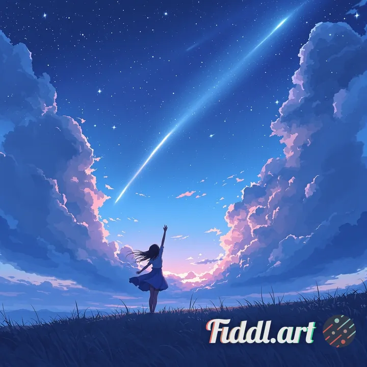 anime girl standing on a grassy overlook reaching up toward a glowing comet trail in the evening sky