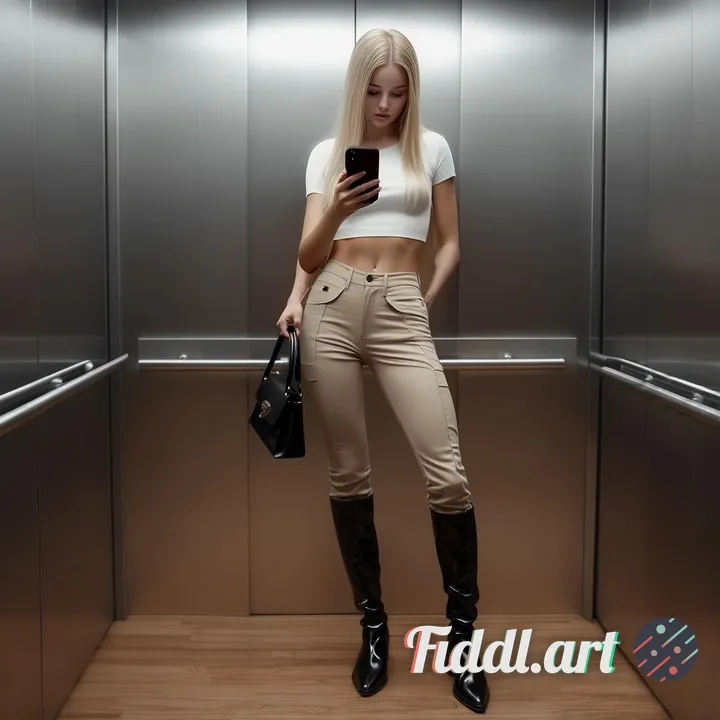 full-body mirror selfie taken inside a modern elevator with brushed metal walls and wooden flooring.