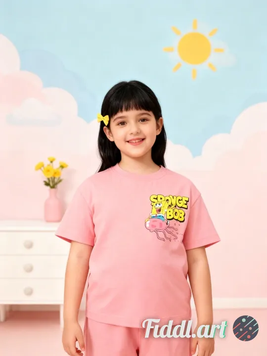 A cheerful indoor scene featuring a full figure of 7-8 years old child standing in a photo studio wi