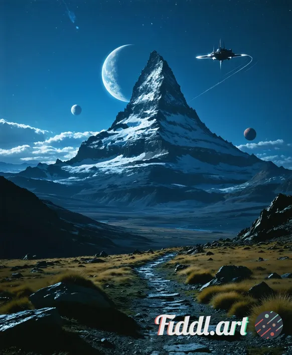 Epic sci-fi mountain vista at night. A jagged, snow-capped peak rises in the center of frame, flanke