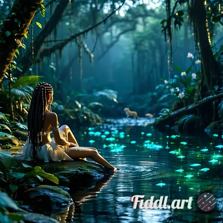 An island princess Lounging by a small lagoon in the rainforest at night. There is a  cheetah and bi