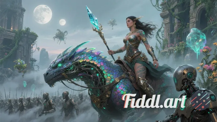 An ancient warrior princess with intricate glowing tattoos and ornate armor, wielding a crystalline 