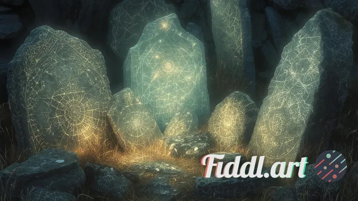 Ancient stones glowing with imprinted epochs, revealing earth's deep history, intricate fractal patt
