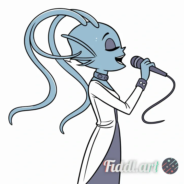 Tall, slender blue-skinned alien opera singer on a futuristic stage, with smooth light-blue skin and