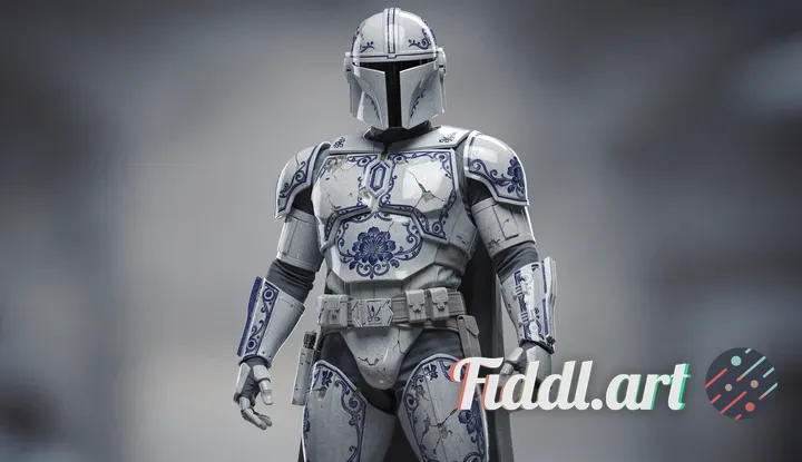 A reimagined Mandalorian warrior standing proudly, adorned with a unique porcelain-inspired suit of 