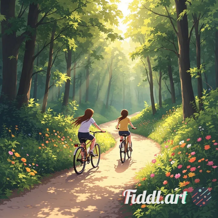 two anime friends riding bicycles down a winding forest trail, summer lighting, lush overgrown plant