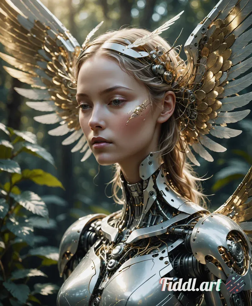 Media Index 0 | A high-resolution digital illustration presents a serene female robotic angel with closed eyes, her 