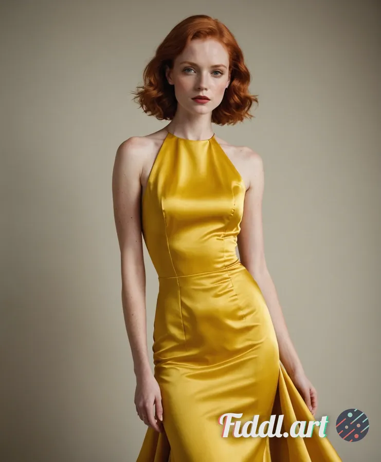 Media Index 0 | A mysterious redheaded female model stands poised in a striking yellow satin dress, the fabric cling