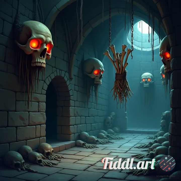 Create high quality concept art of an old castle dungeon with some cobwebs, that has skulls with gen