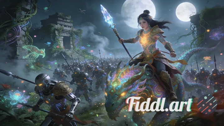 An ancient warrior princess with intricate glowing tattoos and ornate armor, wielding a crystalline 