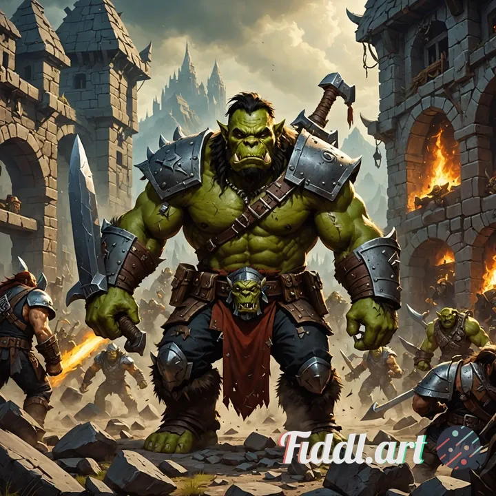 add an ork in the background using the same style.. the ork is a hero in our new adventure.. he's a 