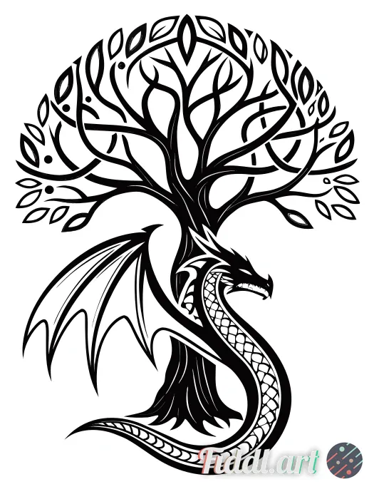 An upper-arm cover-up tattoo with a Celtic-tilted Tree of Life as a vertical axis. A wingless serpen