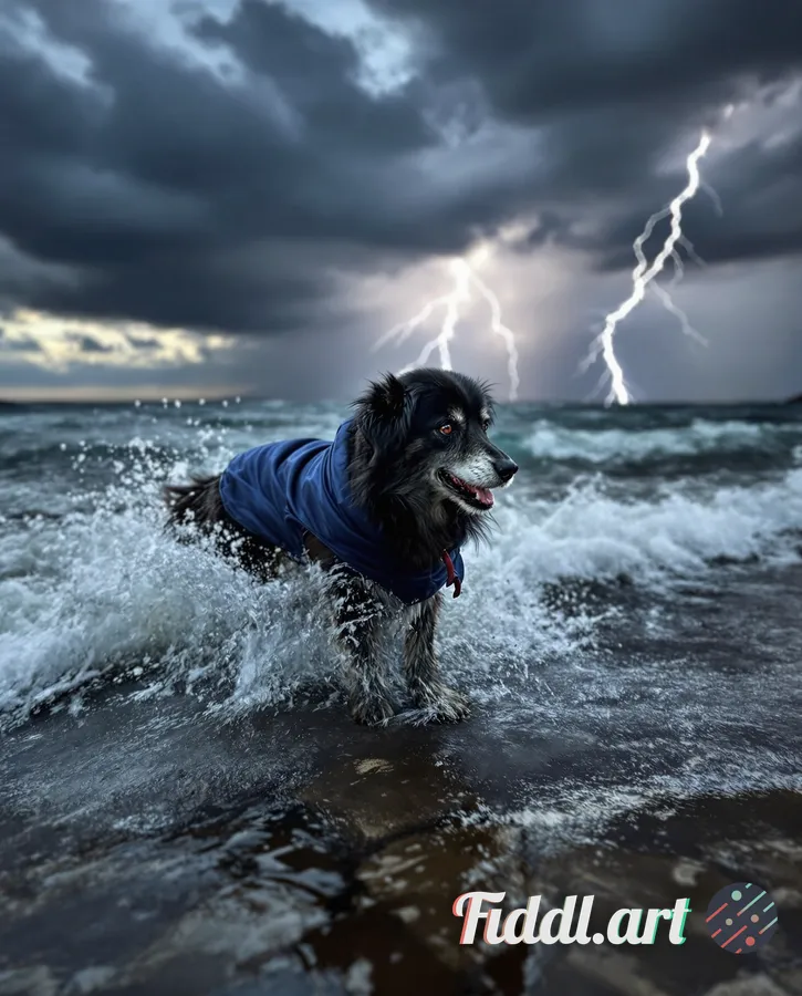 Ultra‑realistic dog mid‑leap above stormy waves, clad in a flowing cobalt cape crackling with electr