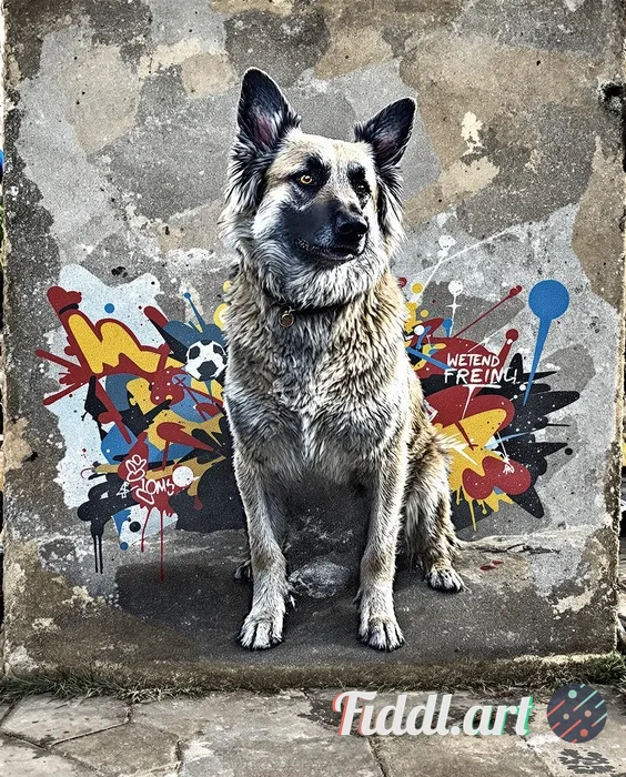 dog as a superhero, high-contrast stencil graffiti, splattered texture, painted on a distressed plas