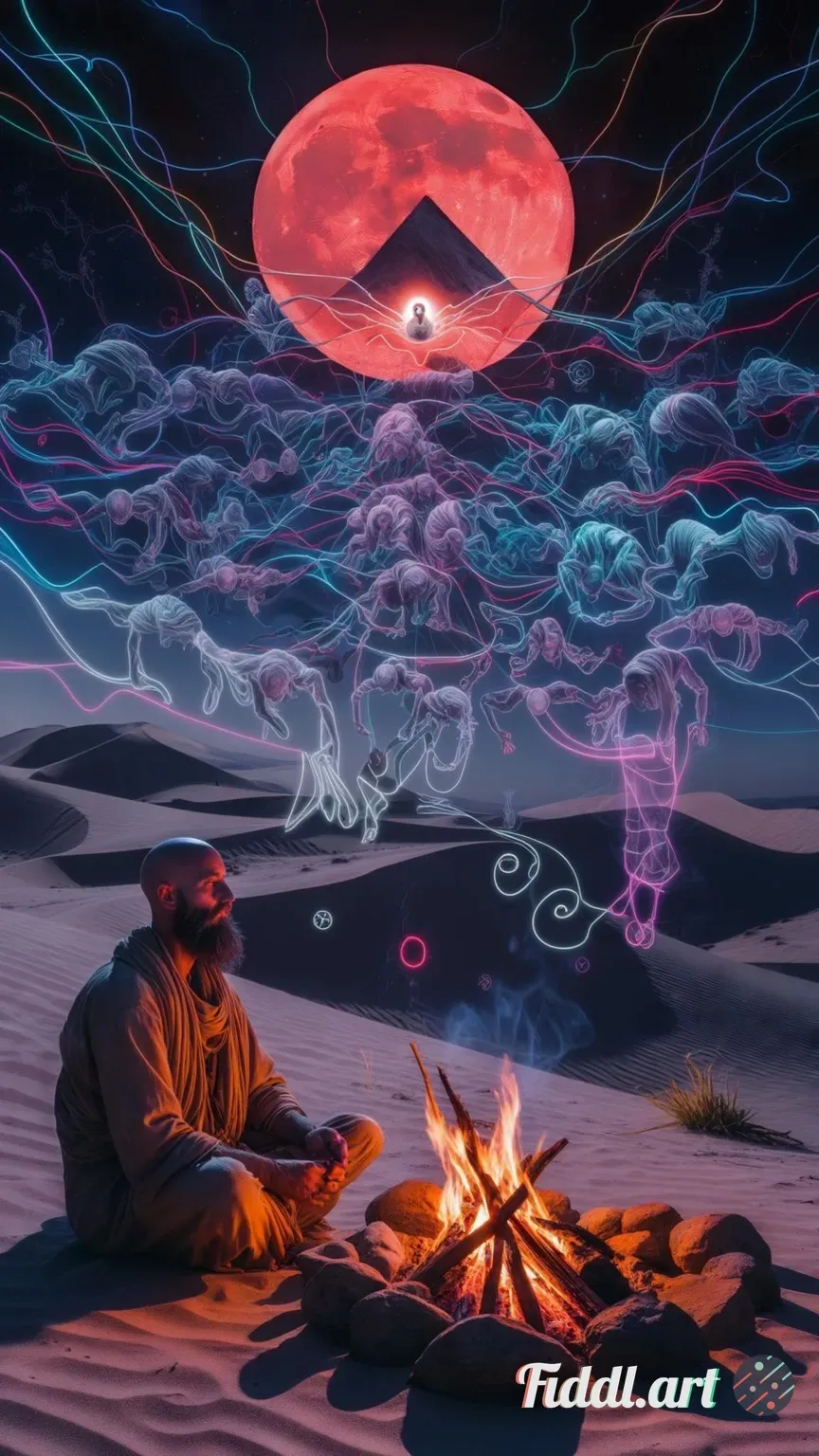 A visionary psychedelic scene set on a desert-like mountaintop beneath a glowing full moon, luminous