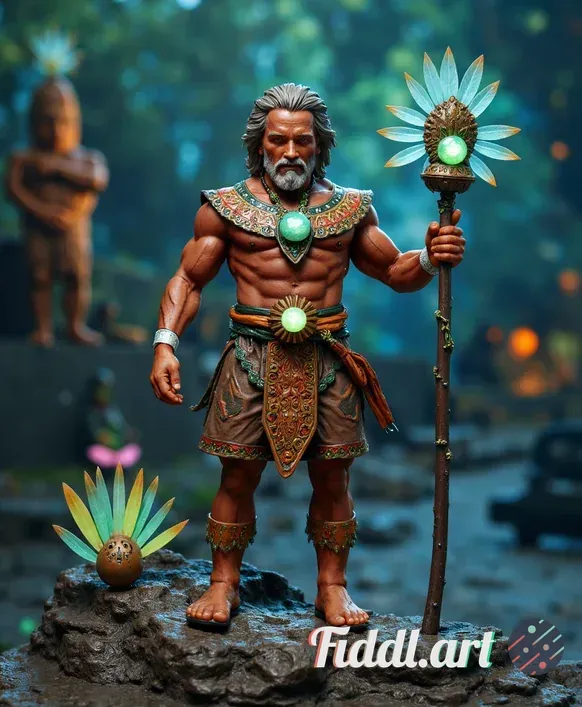 A beautifully detailed action figure of a mystical shaman, showcasing intricate tribal patterns on h