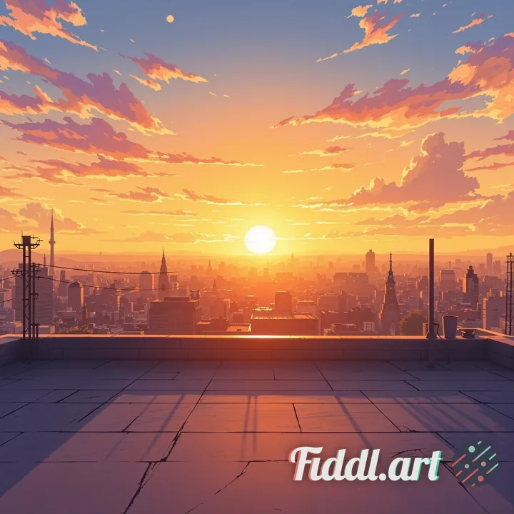 anime rooftop overlooking a glowing sunset city, warm golden hour light, soft gradients in the sky, 