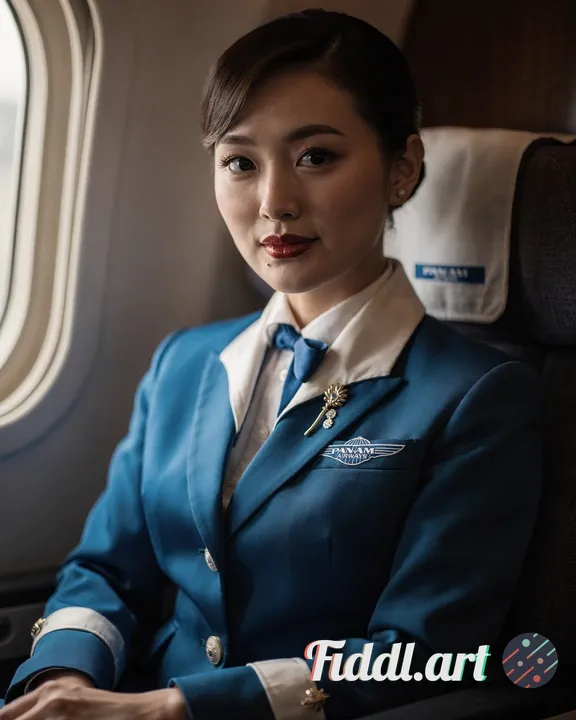 portrait of a sensual japanese stewardess on PAN AM AIRWAYS. natural lighting, cozy background, mood