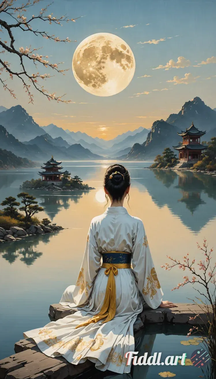Media Index 0 | A beautiful woman sits on the edge of an endless lake, her back turned to us as she gazes at a large
