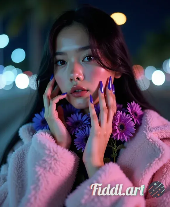 Media Index 0 | female model with light pink fur jacket touching her face with hands made out of gentle purple and b
