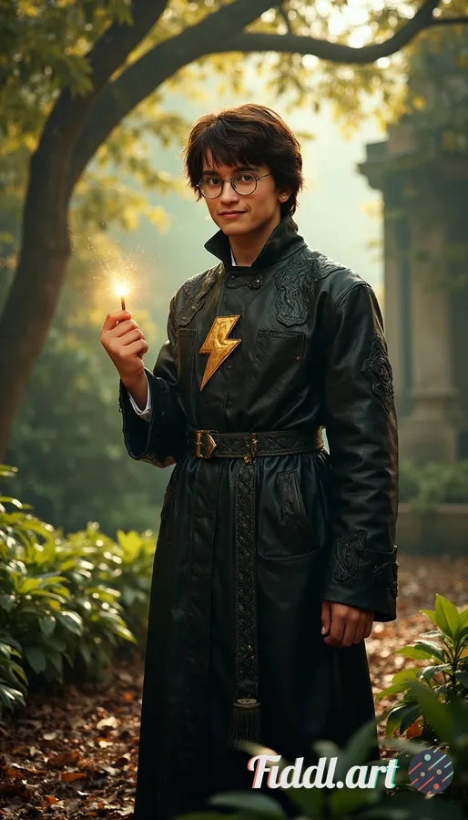 A young man with tousled black hair and round glasses, resembling Harry Potter, stands confidently i