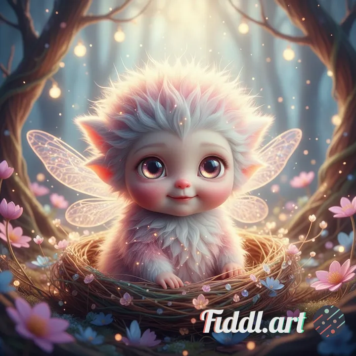 A supremely adorable tiny creature with a hyper-realistic human-like face, delicate features, lumino