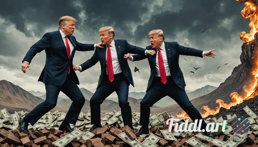 Media Index 0 | Trump and Elon Musk fighting each other while climbing an enormous mountain of money mixed with huma