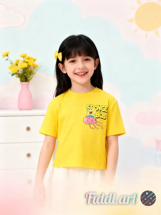 A cheerful indoor scene featuring a full figure of 7-8 years old child standing in a photo studio wi