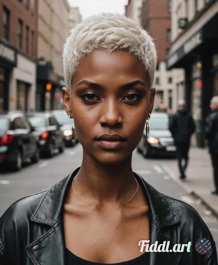 Media Index 0 | medium body shot of brown skin woman with short platinum blonde hair, grunge vogue vibe make up, and