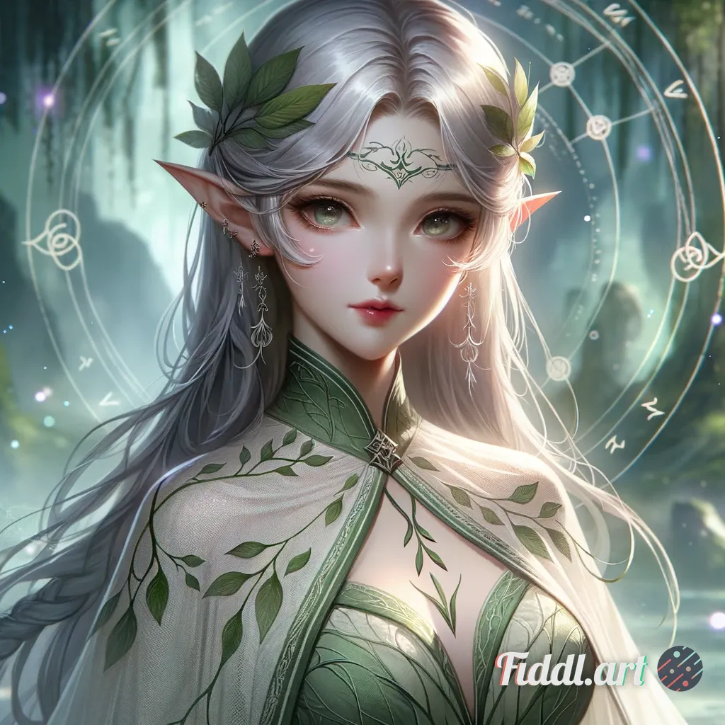 角色概念设计，奇幻精灵法师头像。女性，长发银白，尖耳朵，佩戴精致的额饰，眼神容智而神秘。身穿带有叶脉纹路的绿色或白色长袍，肩部有藤蔓装饰。背景是模糊的魔法森林或古老遗迹，空气中有漂浮的光点或符文。画风