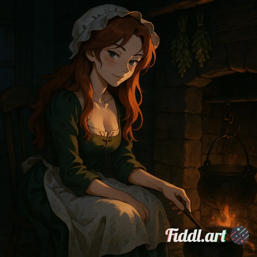 Stylized digital painting, realistic, anime style, showing a woman with flowing red hair in a coloni