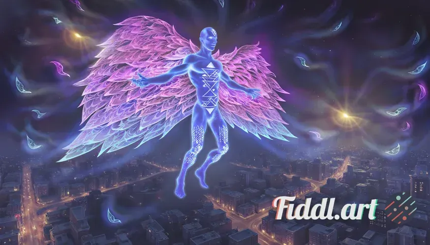 This image depicts a celestial, humanoid figure with an ethereal and otherworldly presence, now floa
