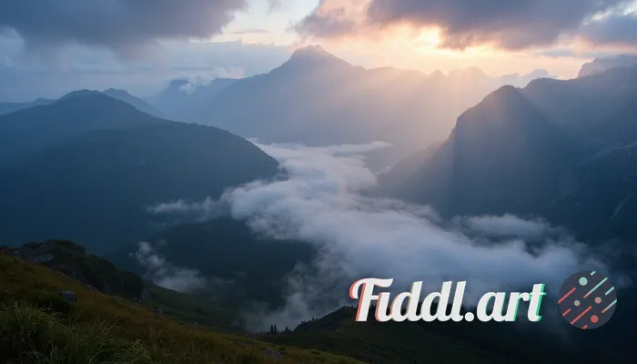 A mystical mountain landscape at twilight, shrouded in mist, with ethereal whispers swirling around 