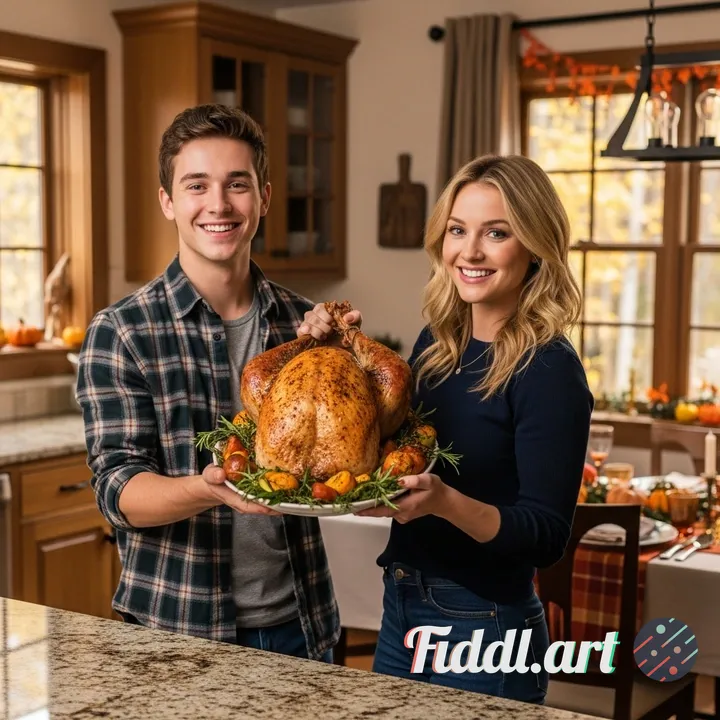 Put me next to Sidney Sweeney on a kitchen holding a thanks giving turkey