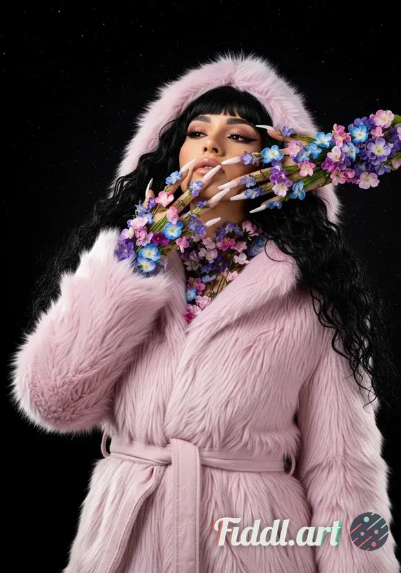 Media Index 0 | female model with light pink fur jacket with a hood on touching her face with hands made out of gent