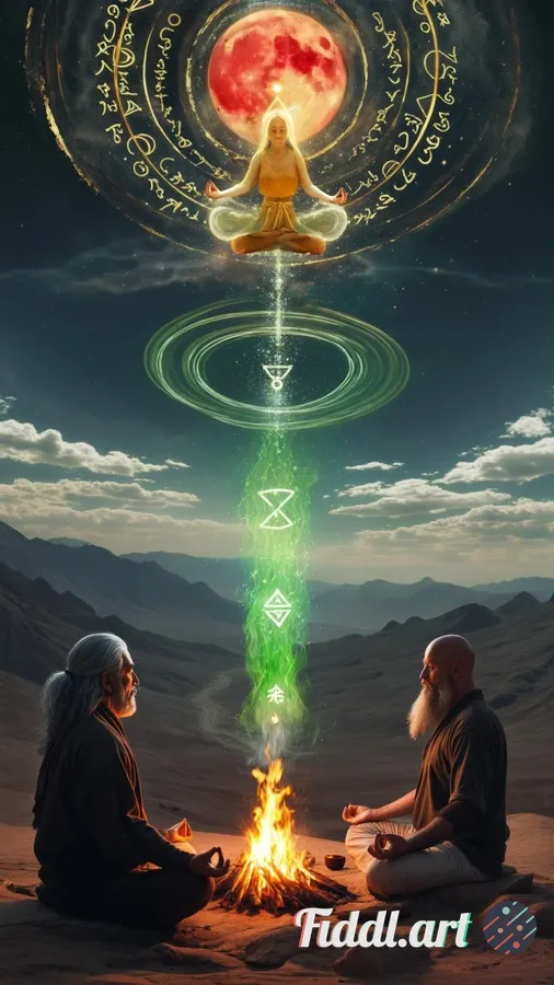 A visionary psychedelic scene unfolds on a desert-like mountaintop beneath a glowing full moon that 