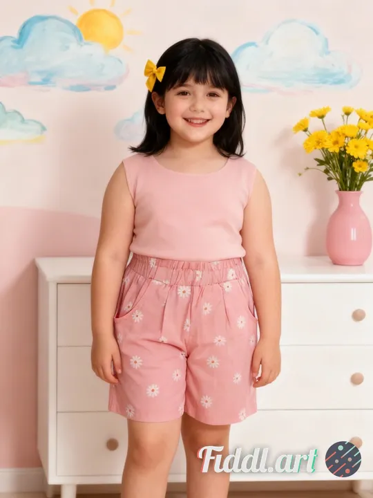 A cheerful indoor scene featuring a full figure of 6-7 years old child standing in a photo studio wi