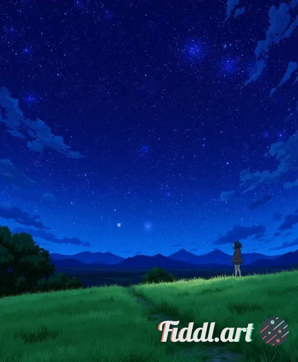 Open grassy field at night under a vivid star-filled sky. A character stands slightly forward in the