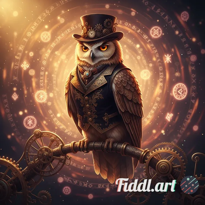 A cinematic digital painting of a wise time-traveling owl in intricate Victorian attire, perched on 