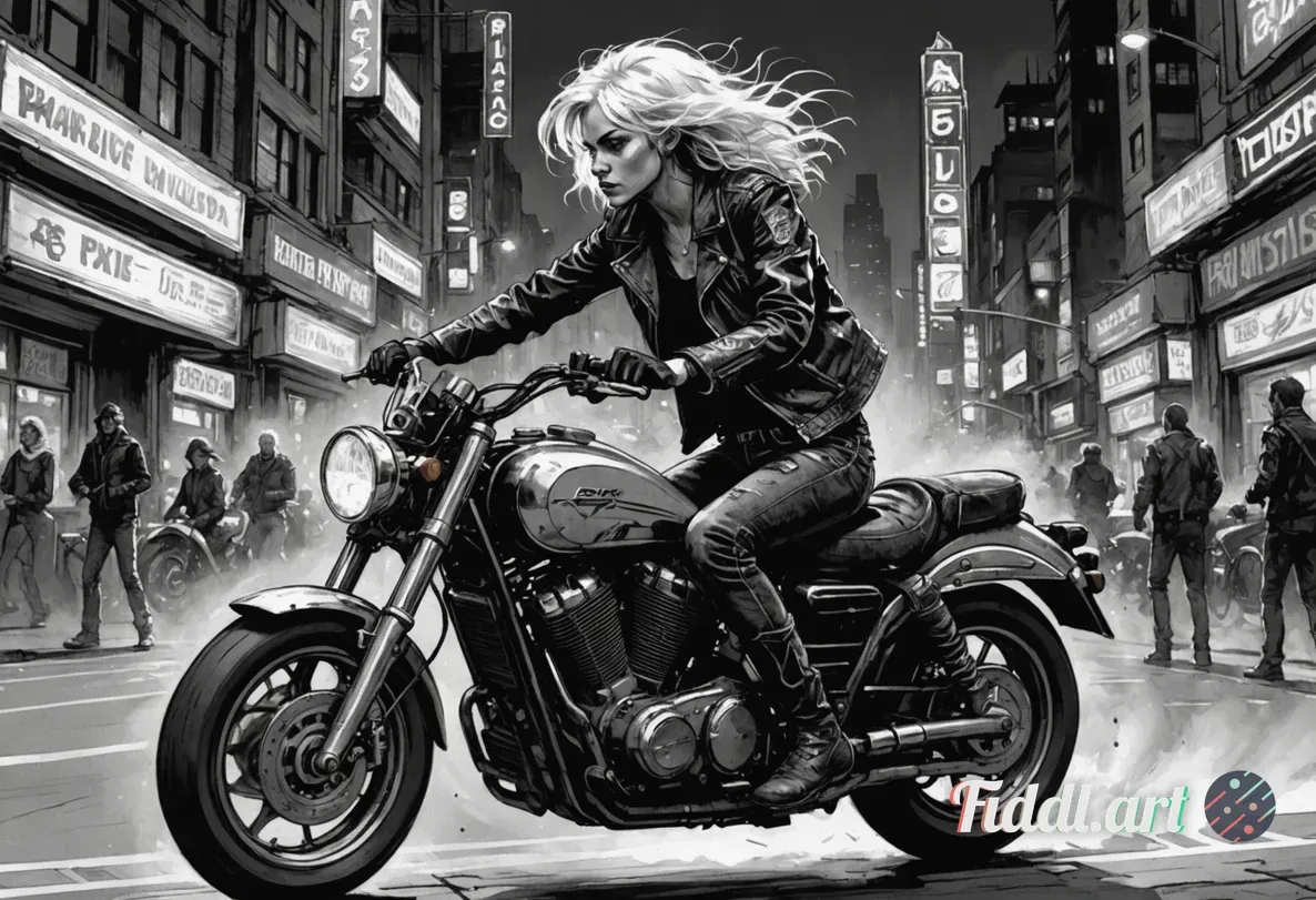 Media Index 0 | A hyperdetailed black-and-white ink sketch of Pixie and Bob racing through the neon-lit city on a ba