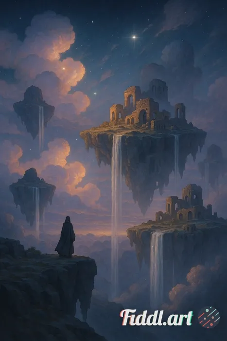 A surreal dreamscape with floating islands suspended in a twilight sky, luminous clouds glowing with