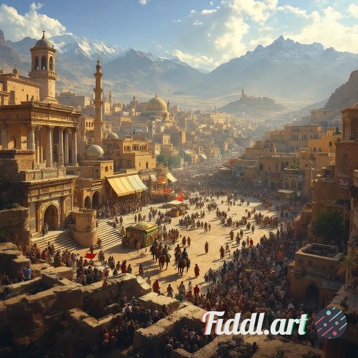 A cinematic, hyper-detailed digital painting depicting a rich tapestry of Algeria's history, from an