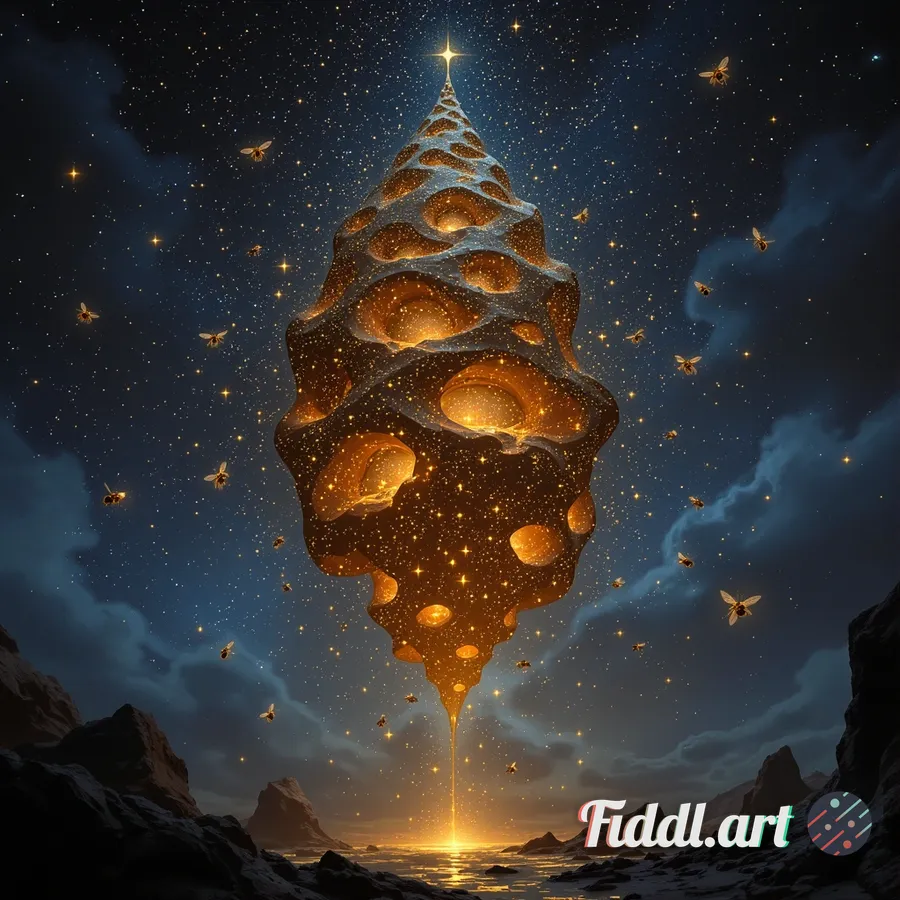 A hyper-detailed, intricate, celestial beehive elegantly floating amidst the vastness of space, surr