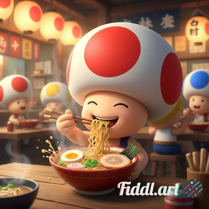 Captain Toad eating ramen happily