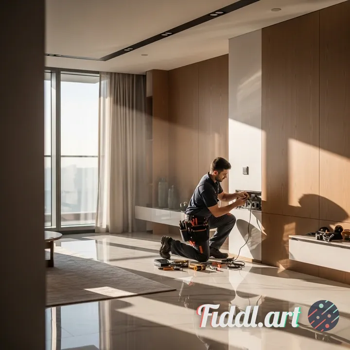 “A highly realistic scene of a professional handyman working inside a modern luxury apartment in Dub