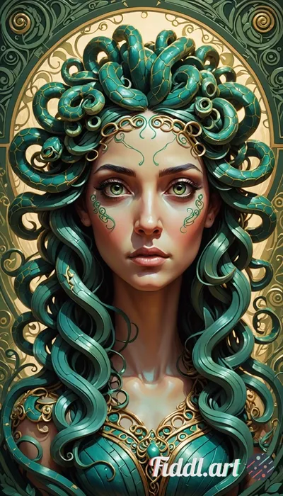 Portrait of Medusa from the bust up. Her expression is one of innocent curiosity, but each snake in 