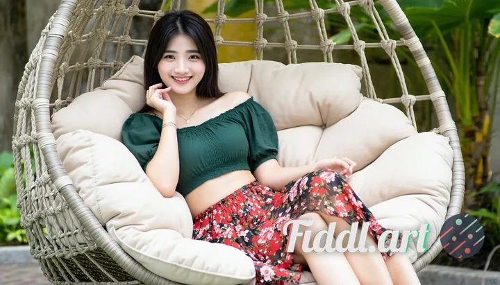 Turn my picture into a cheerful young woman with
dark hair, wearing a deep green short tops -the-
sh